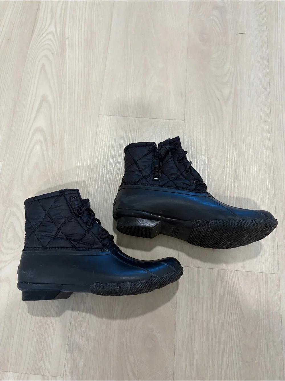 Sperry Black Waterproof Duck Boots with Plaid Lining